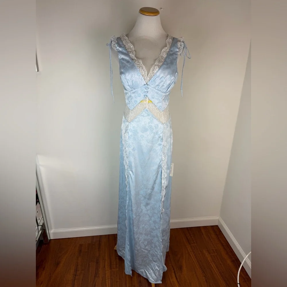 NWT For Love & Lemons Hattie Satin Slip Maxi Dress Blue Floral Lace Size XS - Picture 6 of 11